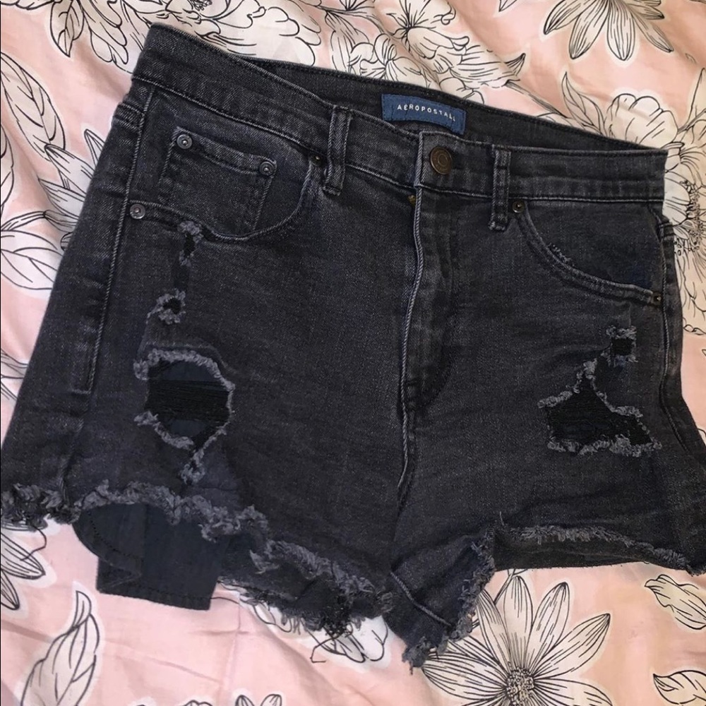 High waisted black denim shorts